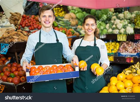 Positive Supermarket Workers Working Fruit Vegetables Stock Photo ...