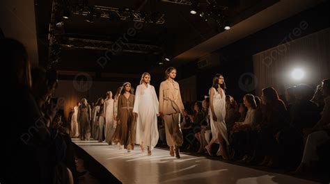 Models Walking Down The Runway In A Large Room Background, Fashion Show ...