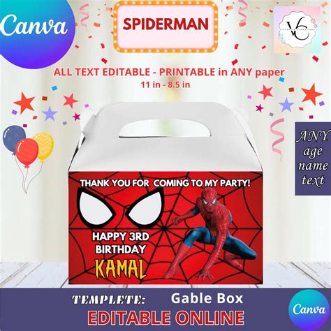 Spiderman - Gable Box Template, Edit Yourself in CANVA. Party Kit ...