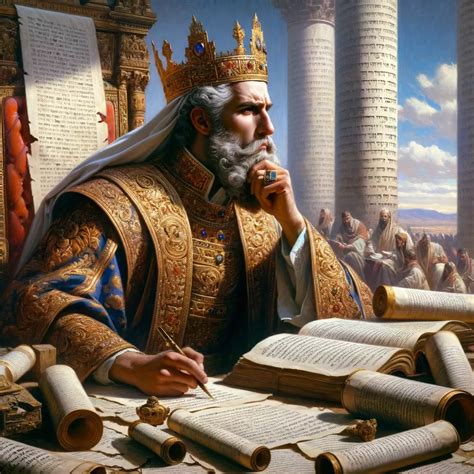 Image 1: A painting of King Solomon in regal attire, deep in thought ...