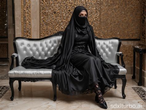 Elegant Transgender Figure in Satin Black Abaya and Hijab in Luxurious ...