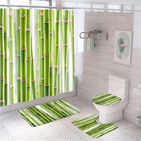 3D White Pebble St Bamboo Shower Curtain Set Lotus Flower Leaves ...