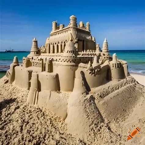 Photo realistic giant sand castle on the beach on Craiyon