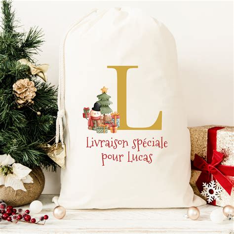 Hotte de Noël personnalisée, Modèle Initiale et Bonhomme de Neige ...