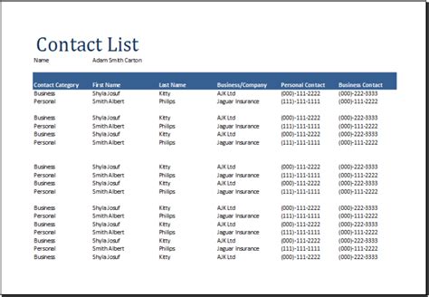 Free Contact List Sample Template - Categorize Your Contacts Easily