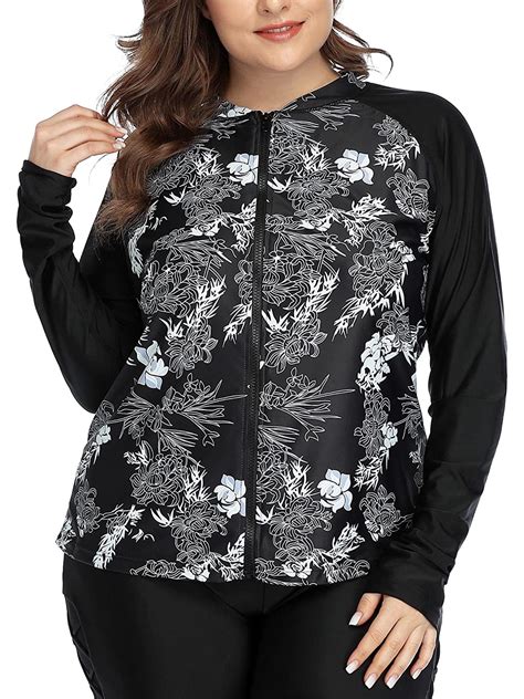 Women's Plus Size Rush Guard Floral Long Sleeve Zip Front Swim Top ...