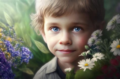 Garçon Aux Yeux Bleus Et Un Bouquet De Fleurs Joyeux Garçon Avec Un ...