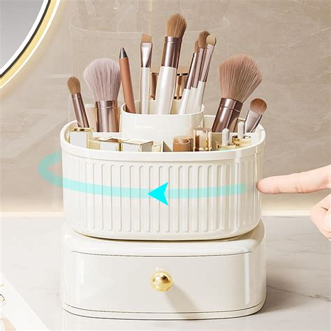 Rotating Makeup Brush Holder, Stackable Small Makeup Organizer with Drawer for Perfume Skincare Lipstick Cosmetics Storage, 360° Spinning Makeup Organization for Vanity Bathroom Countertop