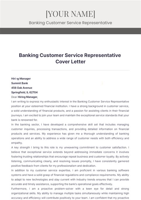Free Banking Customer Service Representative Cover Letter Template to ...
