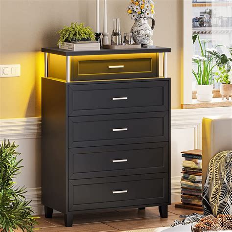 VIAGDO 5 Drawers Dresser with LED Light, Tall Wood Dresser for Bedroom ...