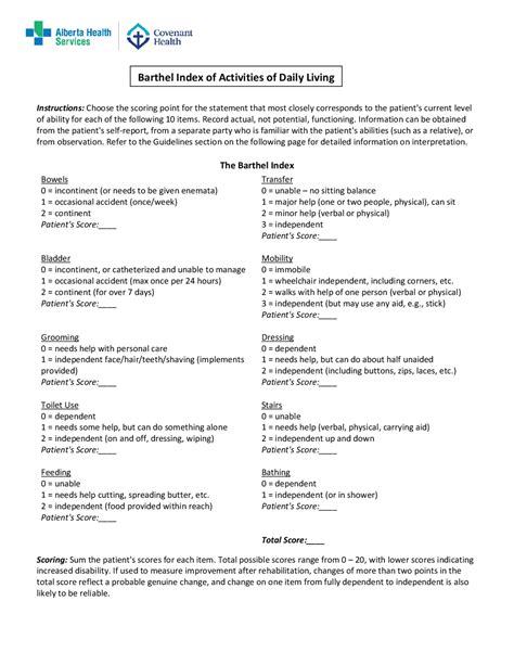 Barthel Index of Activities of Daily Living | Lecture notes Personal ...