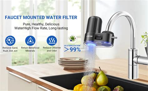 Faucet Water Filter for Sink, with LED Display Water Filter, Turbine-Powered UV Sterilization, Reduces Chlorine, Limescale, Heavy Metals, and Odors with 2 Replacement Filter