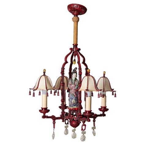 Red Chinoiserie Figural Chandelier with Original Shades and Rock ...