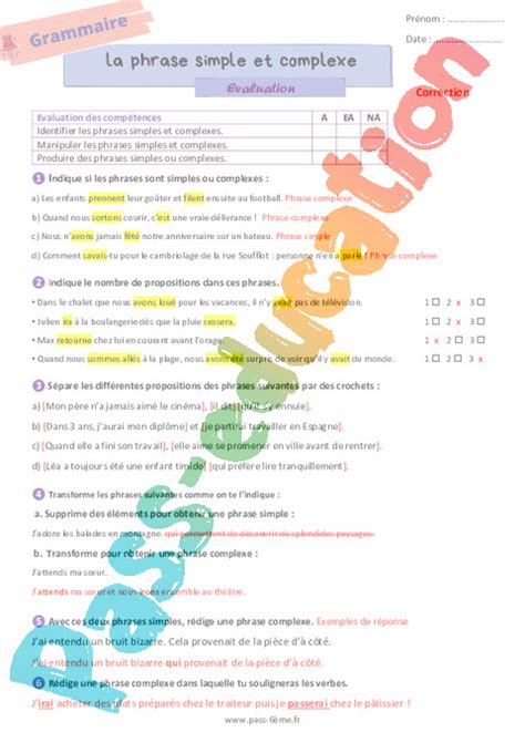 La phrase simple et la phrase complexe – Evaluation de grammaire pour ...
