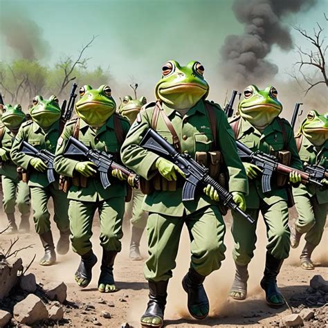 Frogs in Green Military Uniforms holding rifles in t...