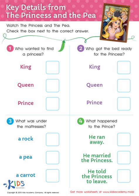 Key Details from the Princess and the Pea Worksheet, Printout for Kids
