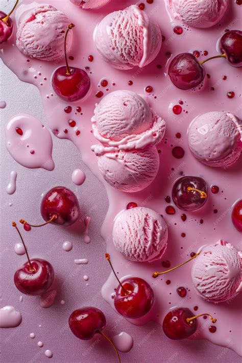 Fresh Cherry Ice Cream Scoops with Whole Cherries on Pink Background ...