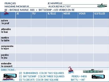 French: Battleship game with -RE Verbs by Urbino12 | TpT