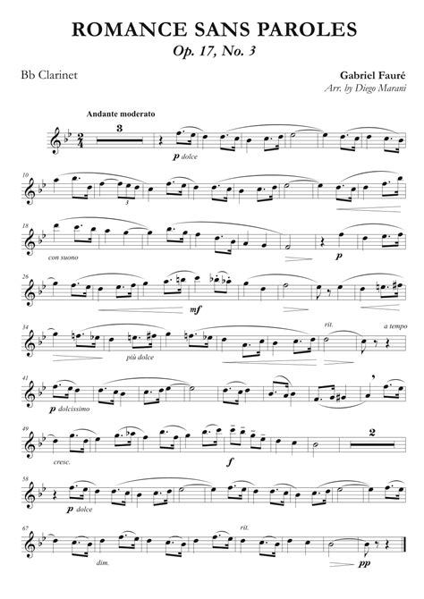 Romances Sans Paroles Op. 17, No. 3 for Clarinet and Piano (arr. Diego ...