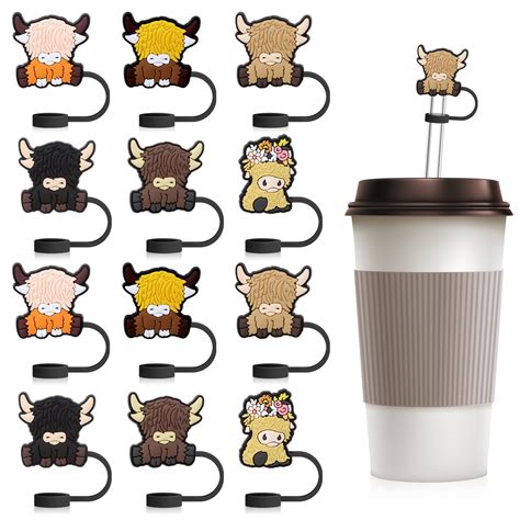 12 Pcs Cow Straw Covers for Stanley Cups - Highland Cow Straw Toppers for 30&40 Oz Tumbler - 10mm Straw Covers Cap Accessories