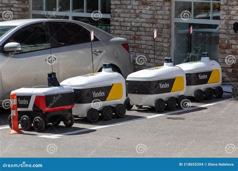 May 13, 2021, Russia, Moscow. Yandex Robots Delivering Food Food in the ...
