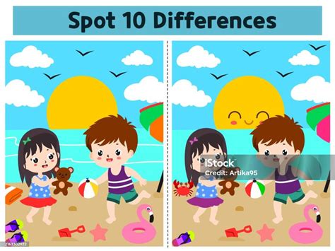 Two Cute Kids Playing In The Beach Spot The Differences Game For ...