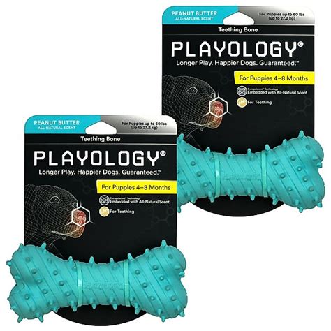 PLAYOLOGY Puppy Teething Bone Peanut Butter Dog Toy, Blue, Large, 2 ...