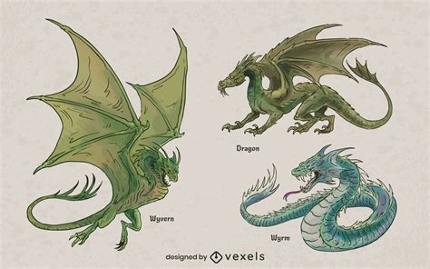 Mythological Dragons Illustrations Set Vector Download