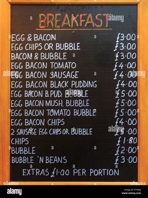 Full English breakfast dishes displayed on a menu in a market cafe ...