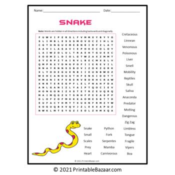 Snake Word Search Puzzle - No Prep Activity Printable PDF by Puzzles Bazaar