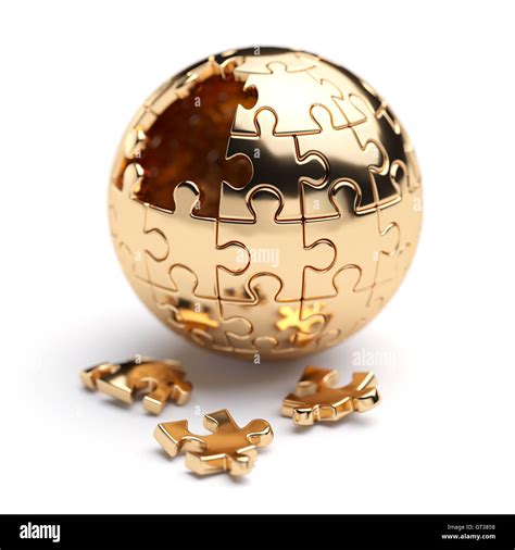 3d rendering of a golden spherical jigsaw puzzle with gold segments ...