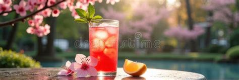 Refreshing Cherry Blossom Iced Tea with Citrus in Serene Garden Setting ...