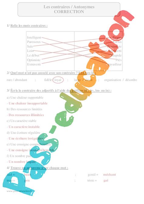Contraires - Antonymes – Cm1 – Exercices corrigés – Vocabulaire - Cycle ...