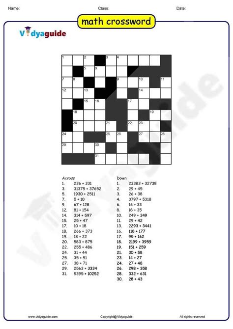 Math Crossword Puzzles With Answers For Class 8
