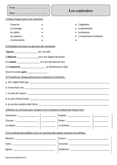 Contraires – Cm2 – Exercices corrigés – Vocabulaire – Cycle 3 - Pass ...