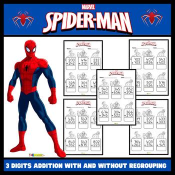 3-Digit Addition Worksheets With and Without Regrouping Spider-Man