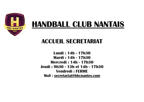 Changements horaires secrétariat | HBC Nantes - amateurs