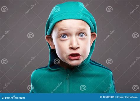 Funny Boy in Hood. Grimaced Emotion Child Stock Image - Image of model ...