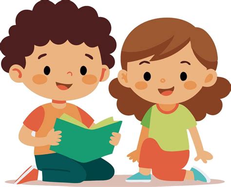 Animated children reading book together, happy kids learning and ...