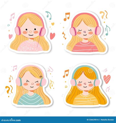 Girl Listening To Music, Set of Sticker Design Isolated on Transparent ...