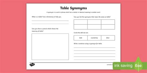 Table Synonyms Worksheet (teacher made) - Twinkl