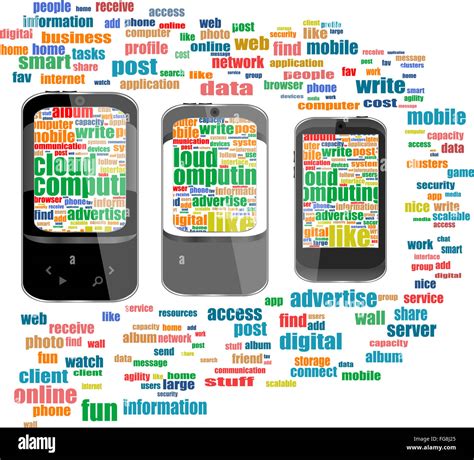 Téléphone intelligent avec écran tactile nuage de mots social isolé sur ...