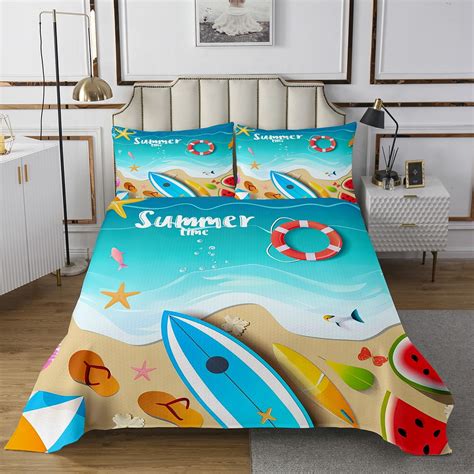 Teal Ocean Sea Queen Quilt Set,Coastal Beach Surf Bedding Set,Colorful ...