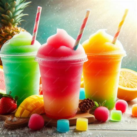 Refreshing and colorful frozen slush drinks in plastic cups with lids ...