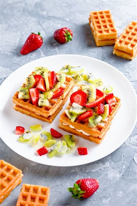 Waffles with Fruits and Whipped Cream Stock Image - Image of life ...