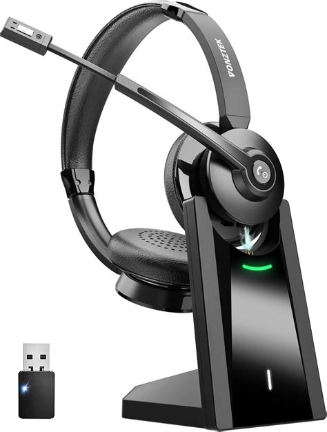 Bluetooth Headset, Wireless Headphones with Microphone Noise Canceling & Charging Base, Headset with Mic Mute & USB Dongle, V5.0 Wireless Headset with Mic for Work/Call Center/Cell Phone/PC/Teams/Zoom