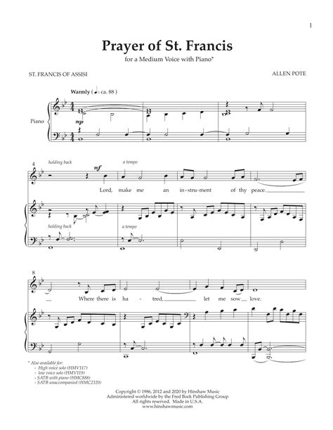 Prayer of St. Francis (Medium Voice) by Allen Pote Sheet Music for ...
