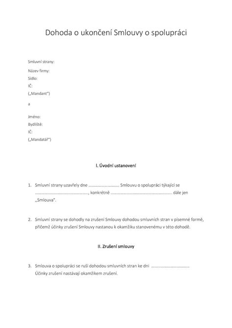 Ukončení spolupráce OSVČ - výpověď smlouvy o spolupráci vzor 2025
