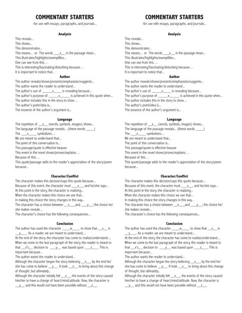 Commentary Starters Worksheet