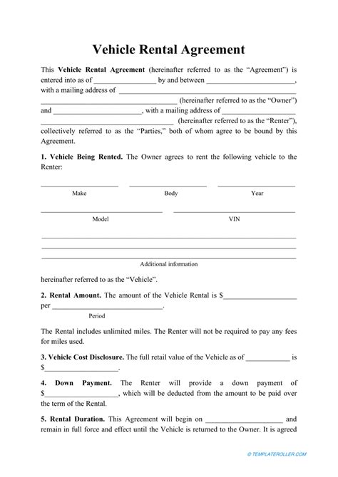 Vehicle Rental Agreement Template - Fill Out, Sign Online and Download ...